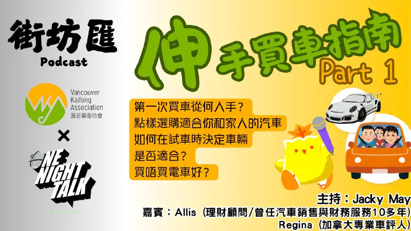 Ep.430 伸手買車指南(上)【街坊匯】One Night Talk (04.07.2025) 主持: May, Jacky 嘉賓：Allis (理財顧問/曾任汽車銷售與財務服務10多年) / Regina (加拿大專業車評人)