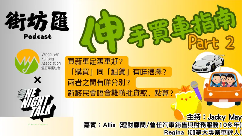 Ep.440 伸手買車指南(下)【街坊匯】ONT (04.14.2025) 主持: May, Jacky 嘉賓：Allis (理財顧問/曾任汽車銷售與財務服務10多年) / Regina (加拿大專業車評人)